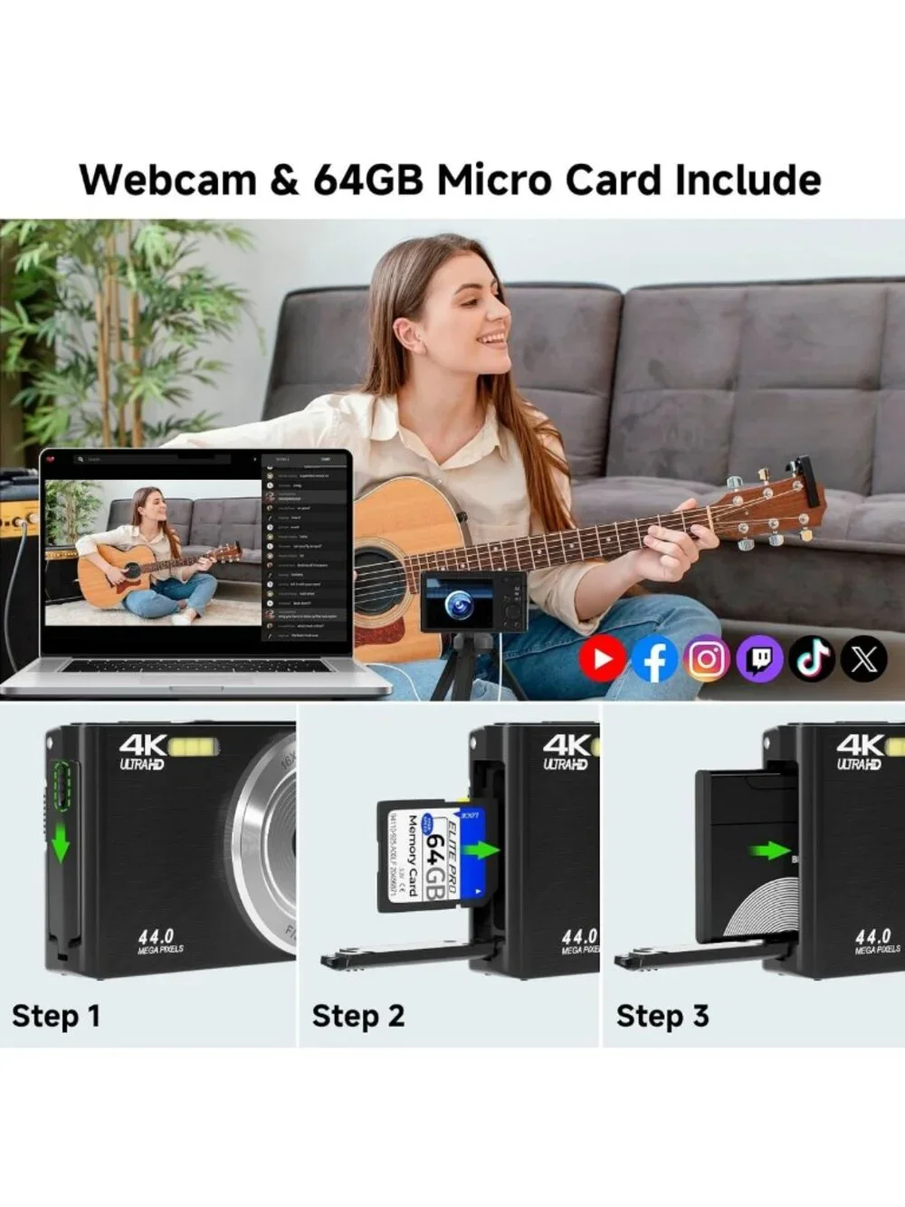 4K FHD Kids Digital Camera 44MP with 64GB SD Card - Perfect for Young